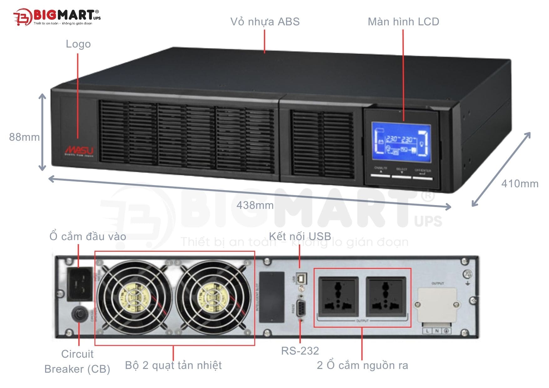 Bảng thông số Bộ lưu điện Masu MS-2KR LCD (2000VA/1800W)